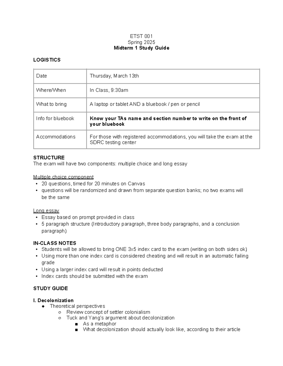 Midterm 1 Study Guide for ETST 001 - Spring 2025 - Studocu