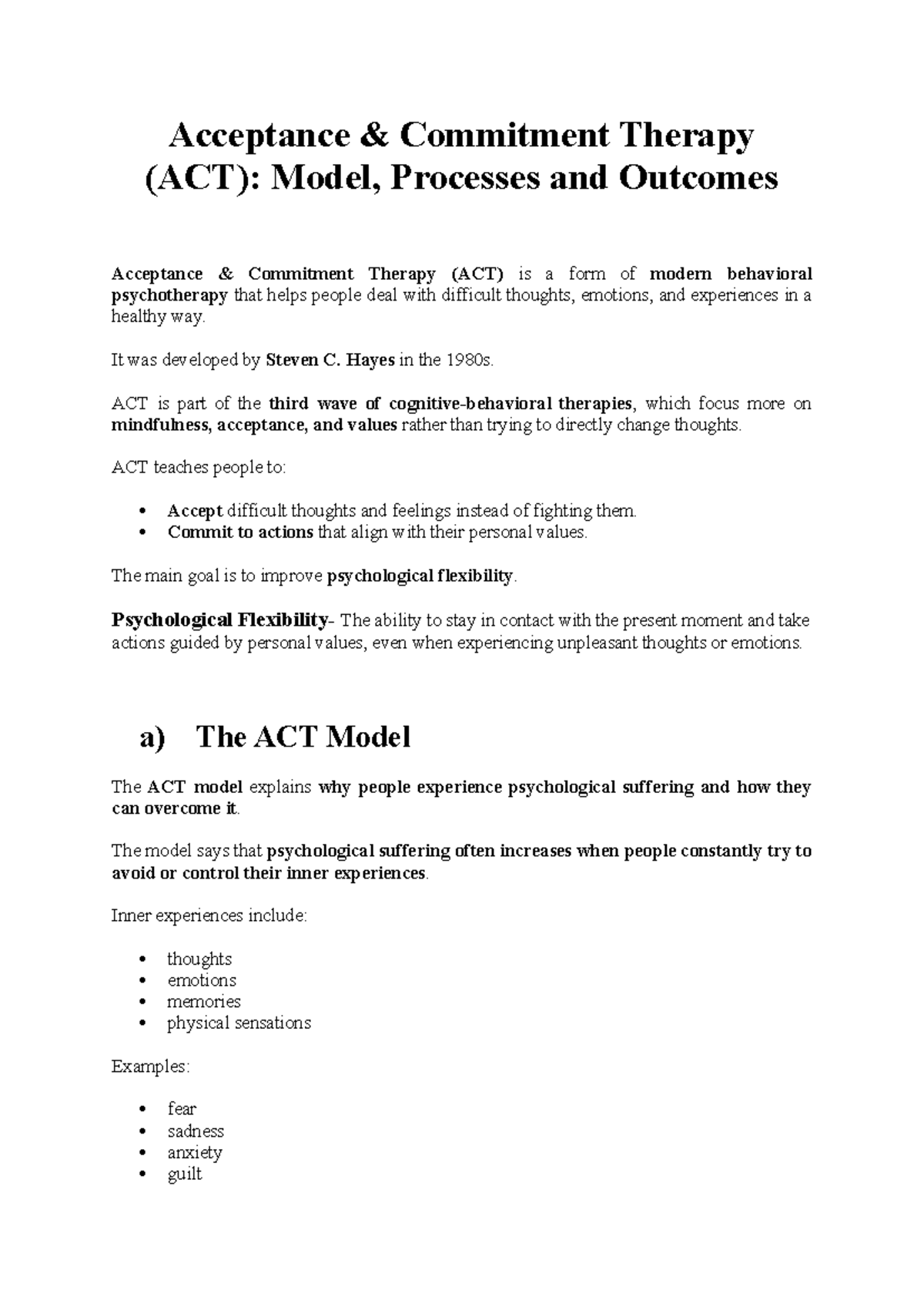 Acceptance and Commitment Therapy (ACT): Model, Processes & Outcomes ...