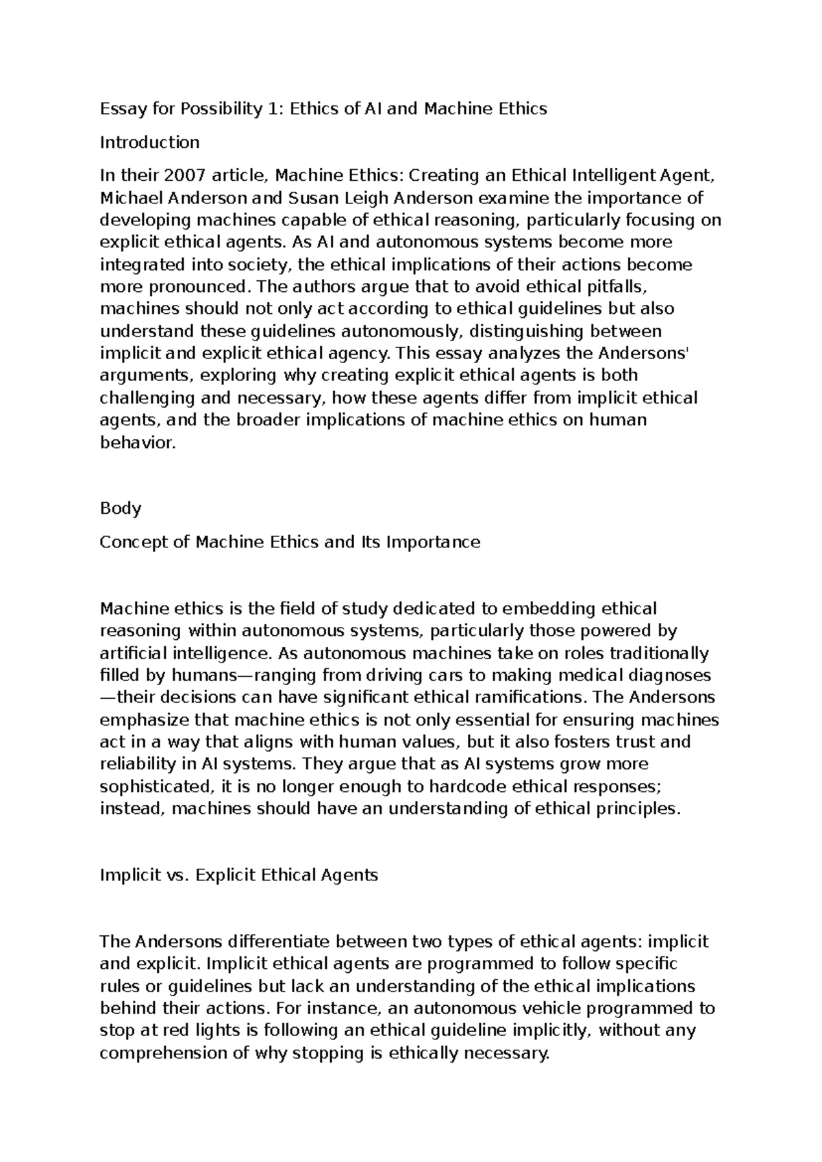 Machine Ethics: Creating an Ethical Intelligent Agent (AI 2007) - Studocu