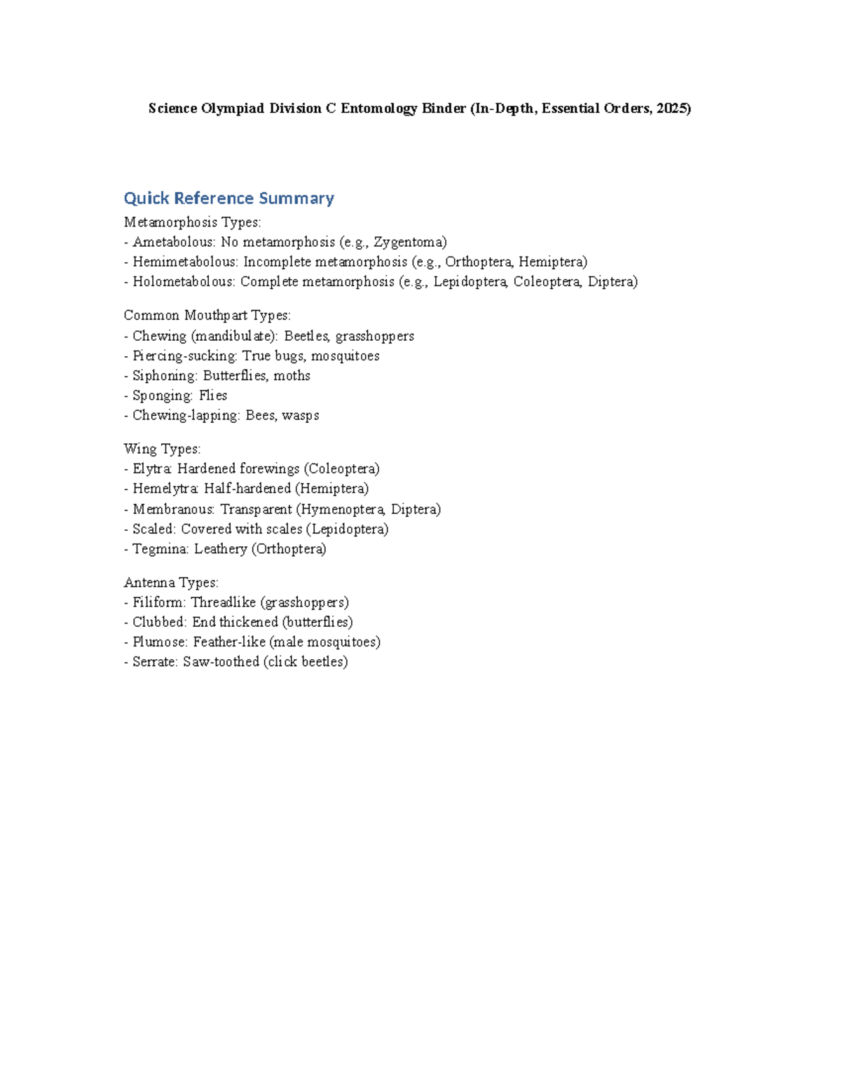 Science Olympiad Division C Entomology Binder 2025: Key Orders Overview ...