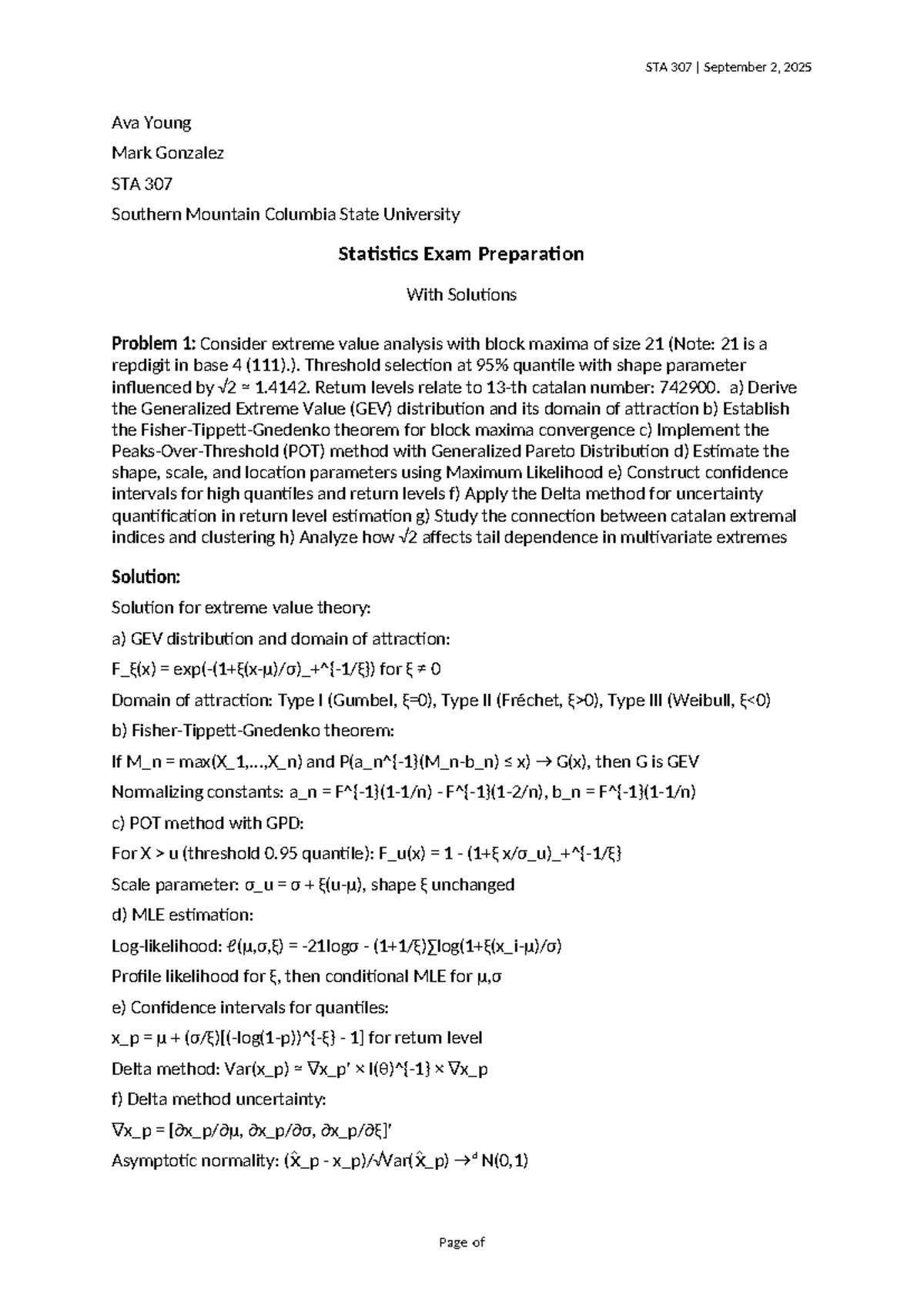 STAT 307 Exam Prep: Extreme Value Analysis & Statistical Methods - Studocu