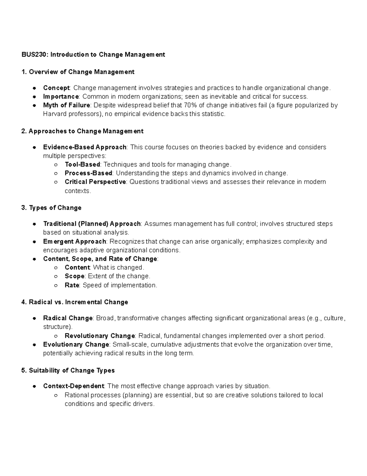 BUS230 Change Management: Strategies, Types, and Resistance Insights -  Studocu