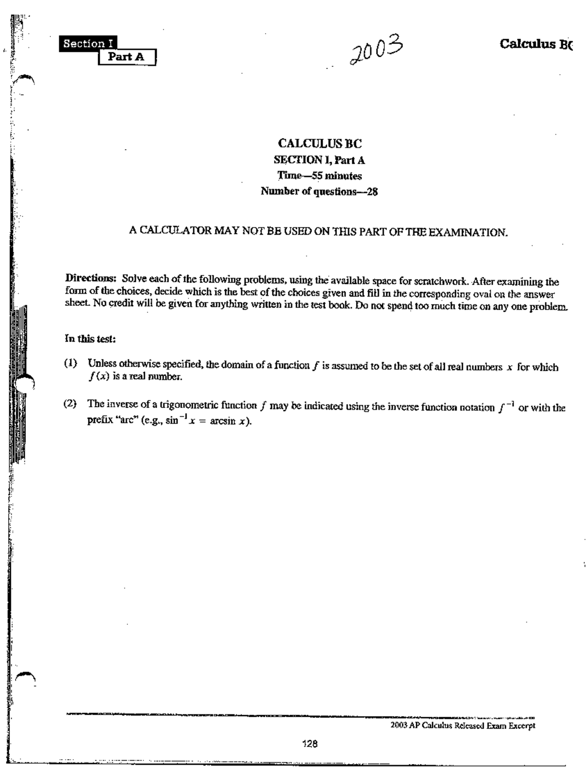 Calculus BC practice test 2003: Section I Part A questions and ...