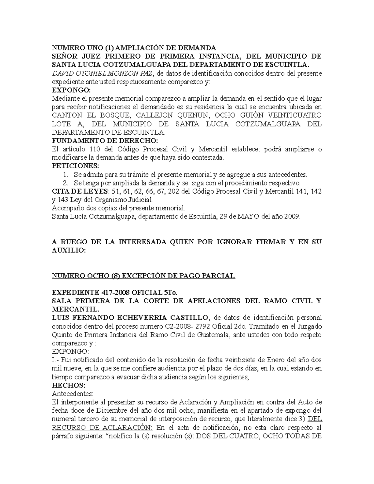Ampliación y Aclaración de Demanda en Juicio Oral: Memorial 417-2008 ...