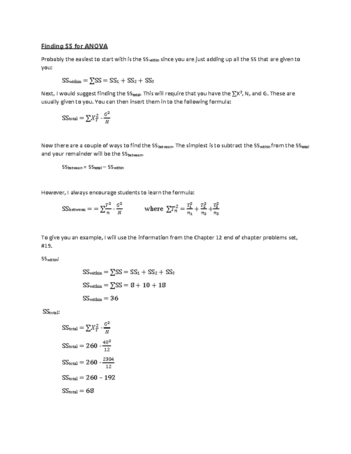 ANOVA SS Calculation Guide: Finding SSwithin, SStotal, SSbetween - Studocu