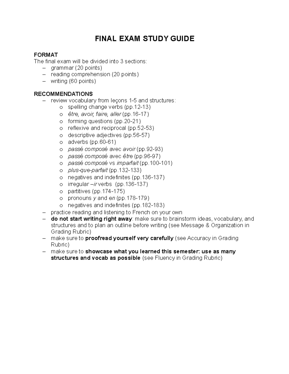 F24 FREN2030 Final EXAM Study Guide - FINAL EXAM STUDY GUIDE FORMAT The ...
