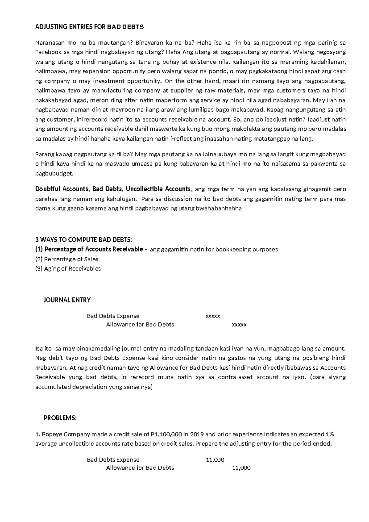 BAD Debts Expense - Adjusting Entries & Accounting Notes - Studocu