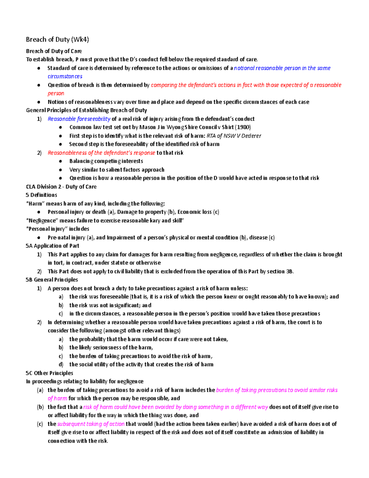 Breach of Duty & Causation Notes (LAW101) - Studocu