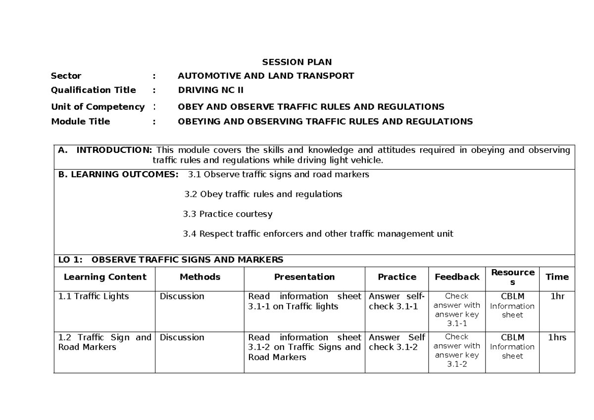 Session PLAN - Obdserve traffic rules and regulation - SESSION PLAN ...