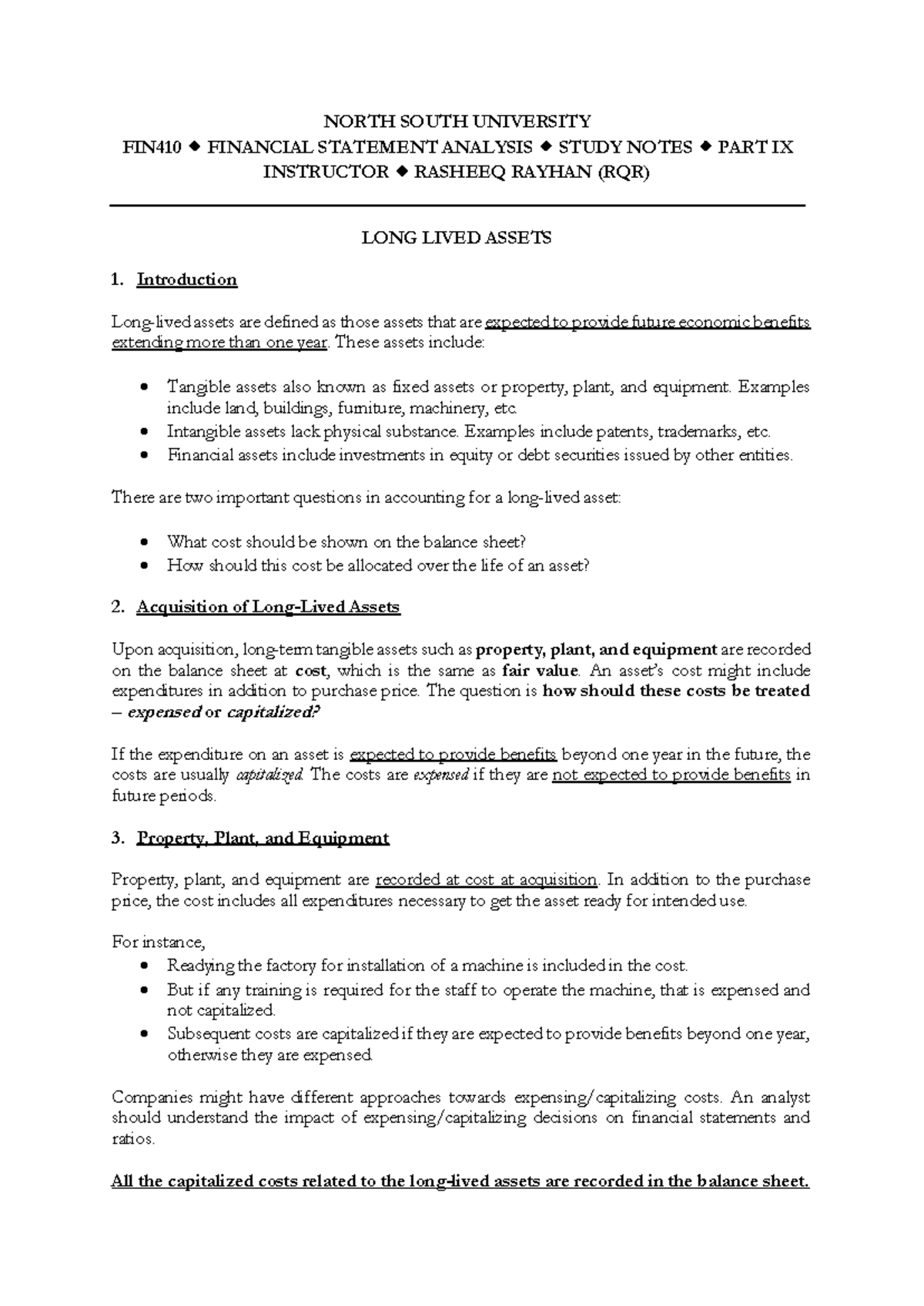RQR - FIN410 Financial Statement Analysis Study Notes: Long-Lived ...