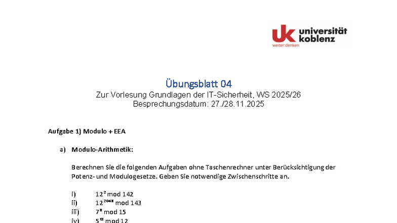 Übungsblatt 04: Grundlagen der WS - Modulo EEA & RSA Sicherheit - Studocu