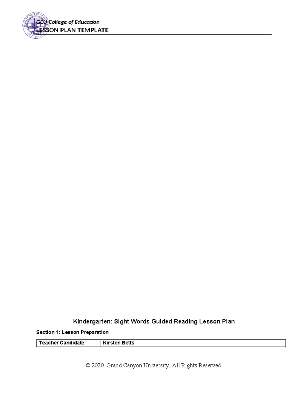 SPD-200 T5 - Topic 5 - LESSON PLAN TEMPLATE Kindergarten: Sight Words ...