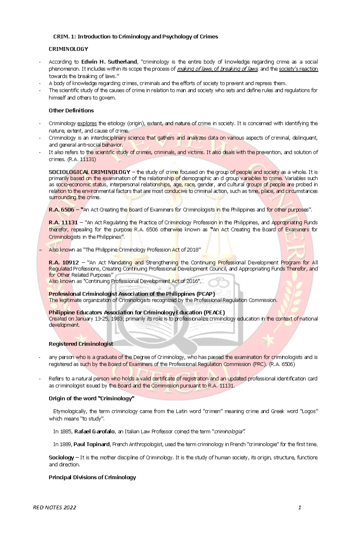 CRIM. 1: Final Exam Reviewer on Criminology and Crime Psychology - Studocu