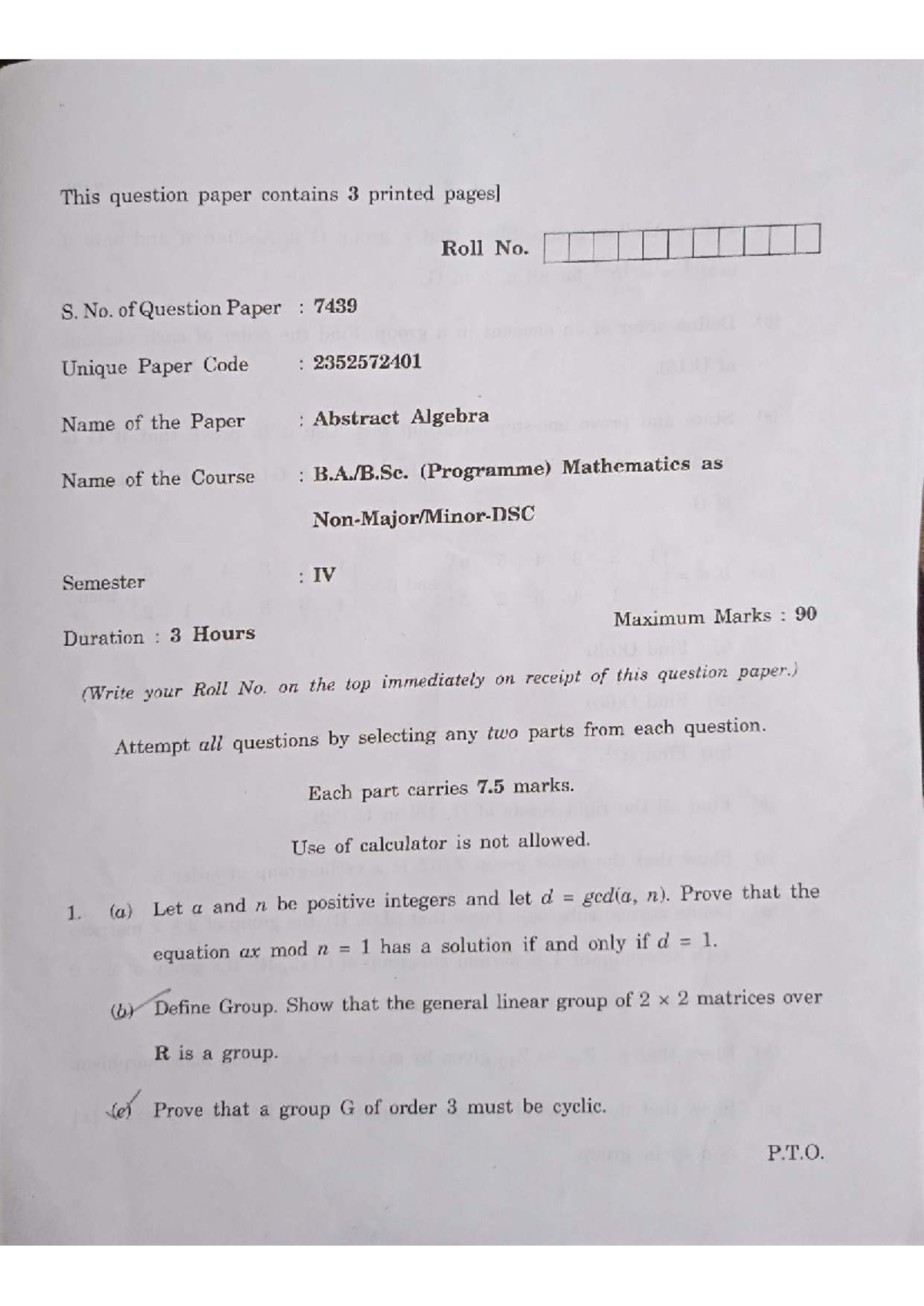 Abstract Algebra Exam Paper - Math IV (Code: 2352572401) - Studocu