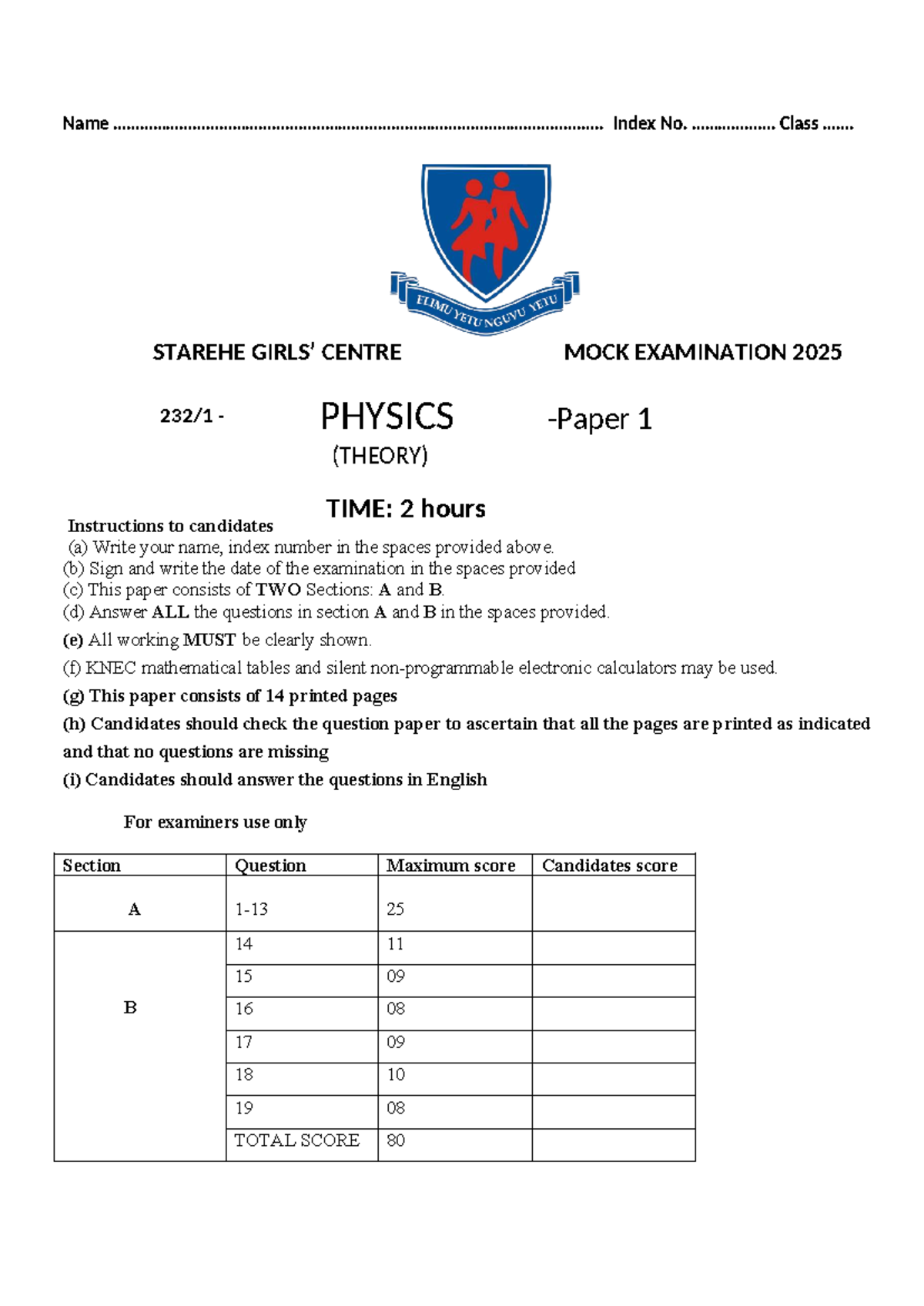 PHY 2025 Mock Exam - Starehe Centre Physics Theory - Studocu