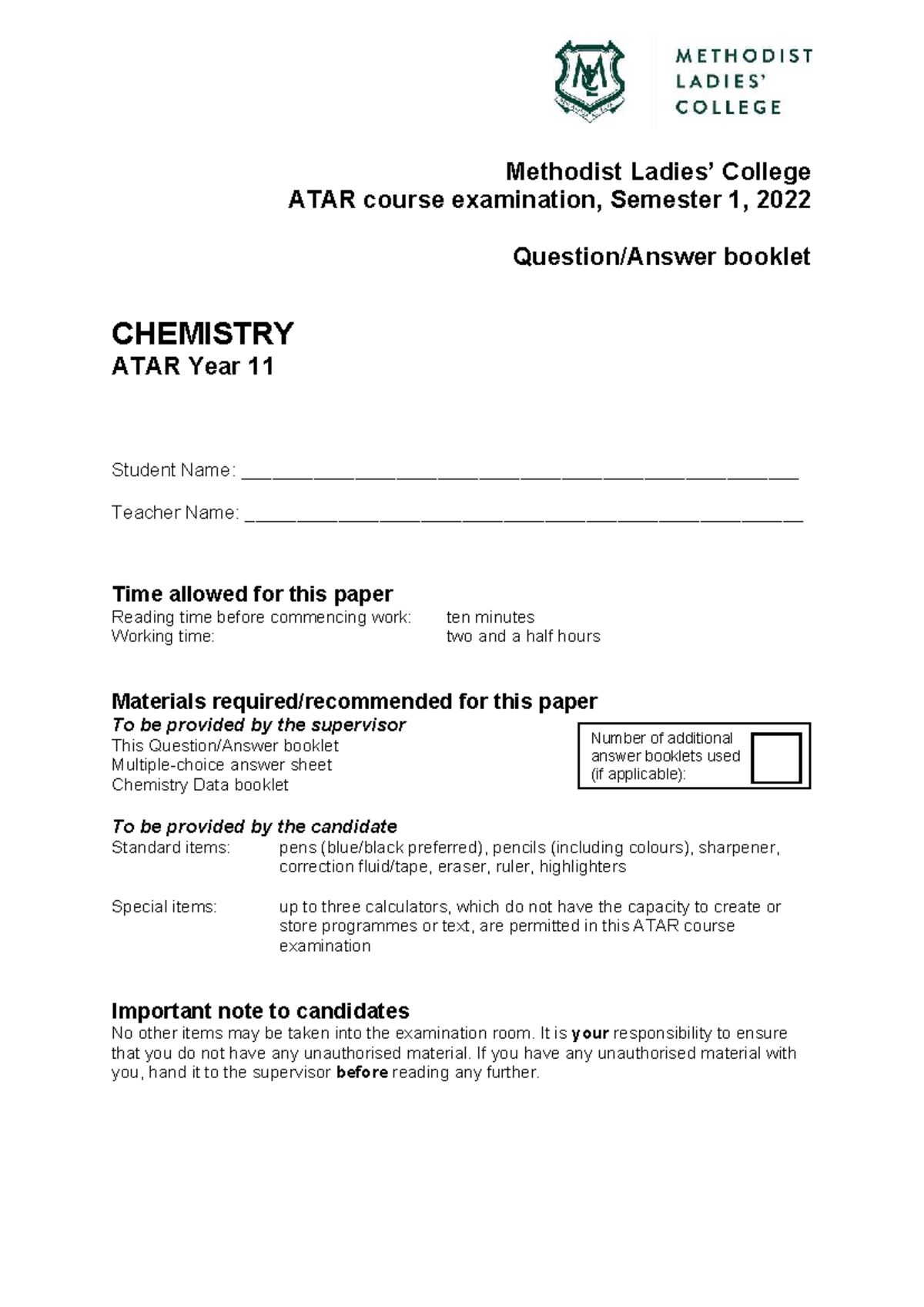 Chemistry ATAR Year 11 Semester 1 Exam 2022 Booklet - Studocu