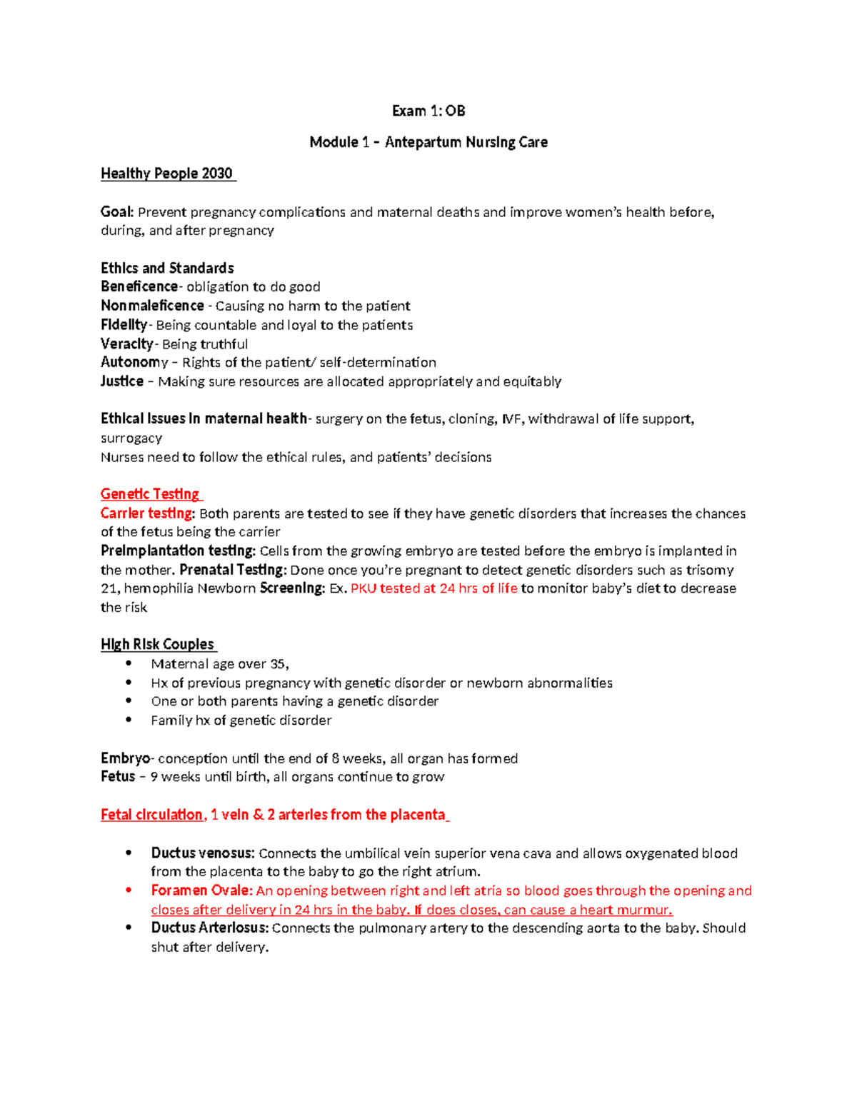 OB 101: Exam 1 Study Guide for Antepartum Nursing Care - Studocu