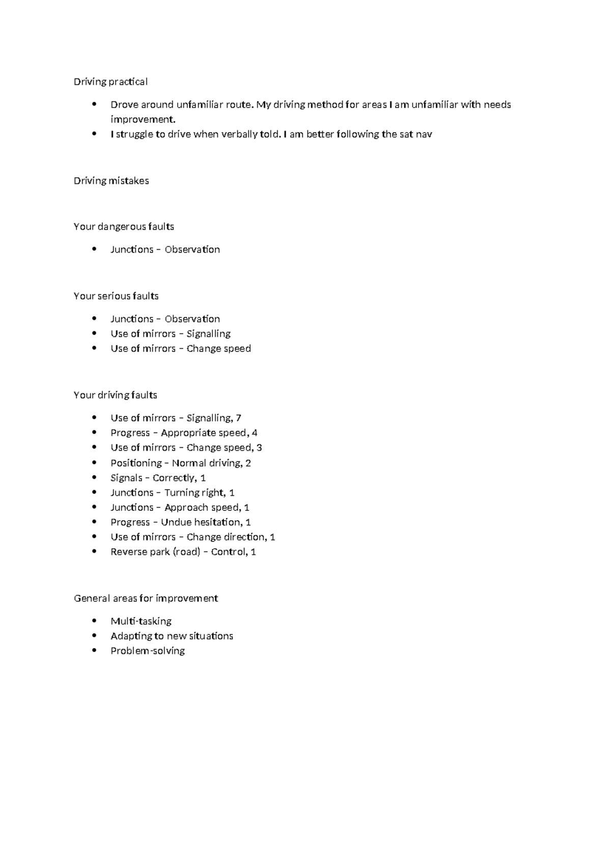 1st Driving Practical Fail Notes: Areas for Improvement - Studeersnel