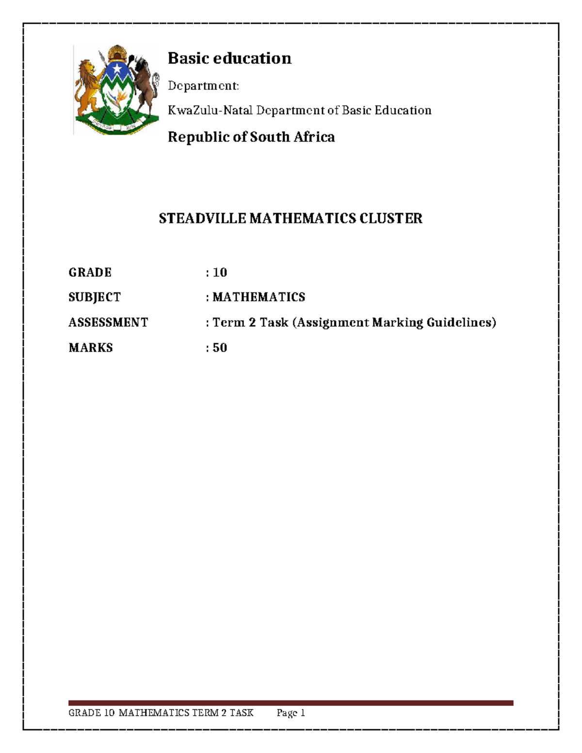 Grade 10 Mathematics Term 2 Task: Marking Guidelines - Studocu