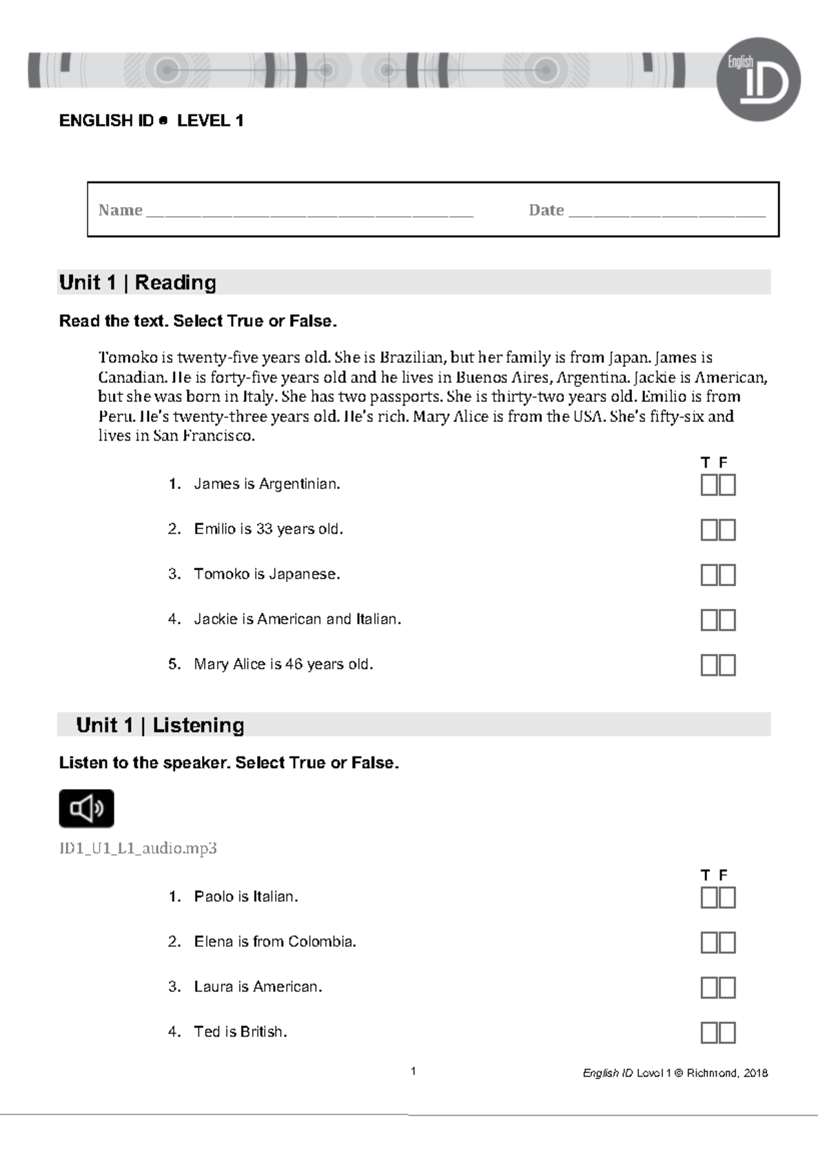 Eng ID1 Unit 1 Student Reading & Listening Practice - Studocu