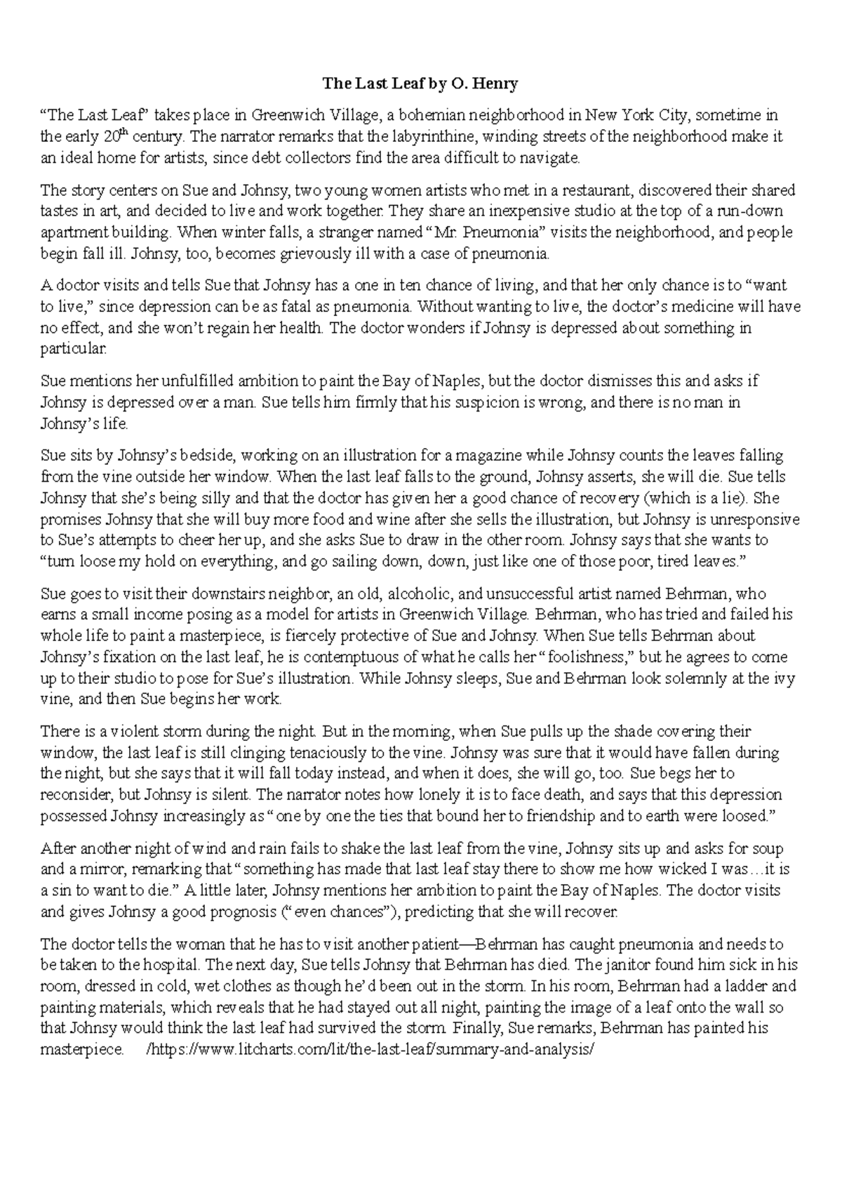 The Last Leaf (ENG 101) - Analysis and Summary of O. Henry's Story ...