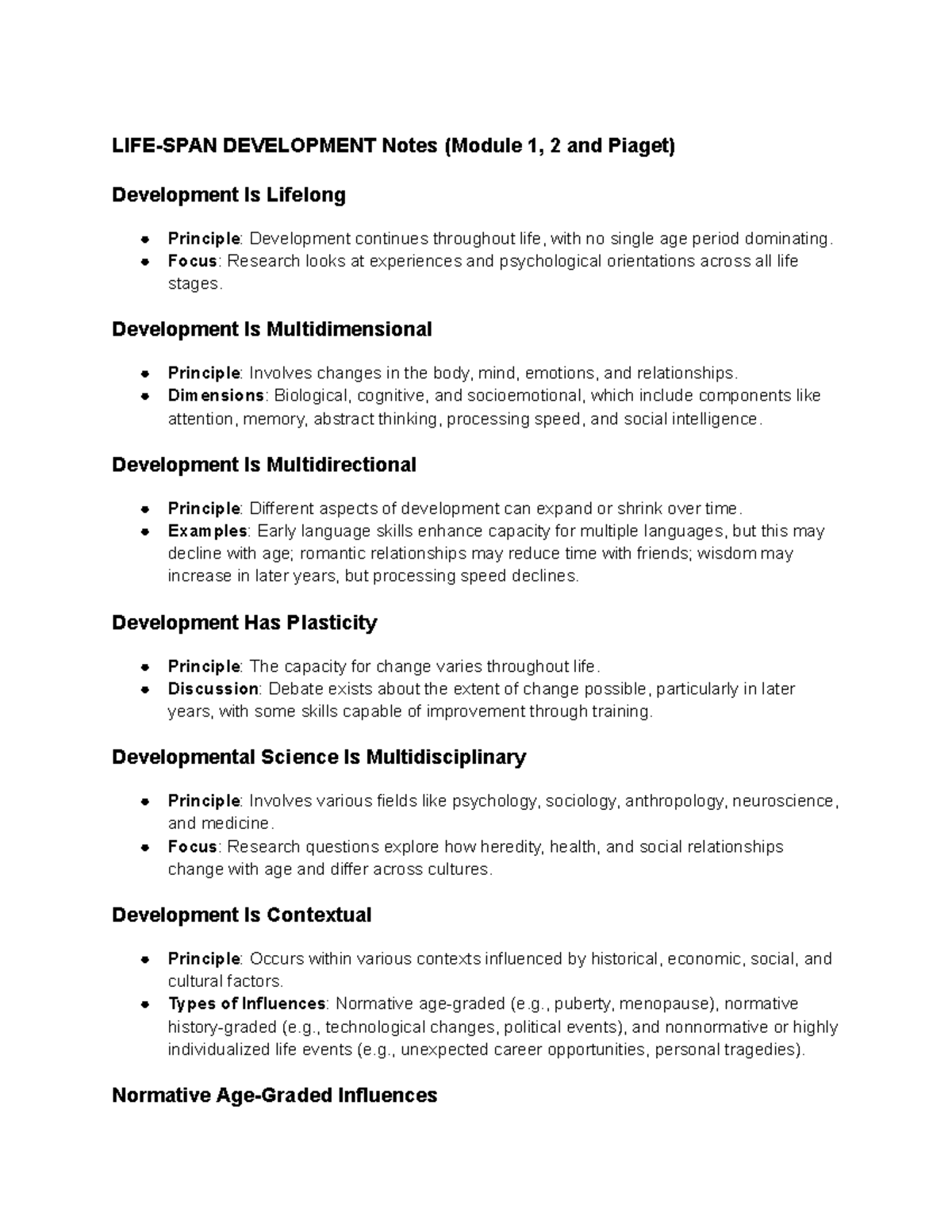 LIFE-SPAN DEVELOPMENT Notes: Principles & Theories (Modules 1, 2 ...