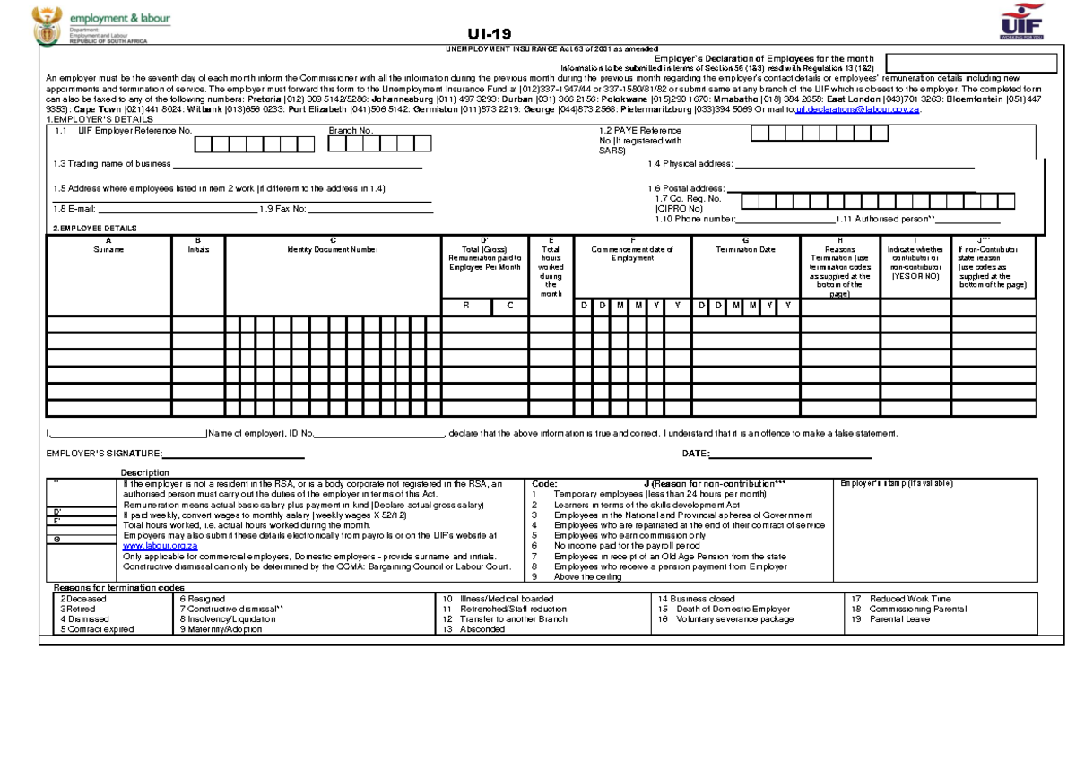 UI-19 Employer's Declarations for Unemployment Insurance Compliance ...