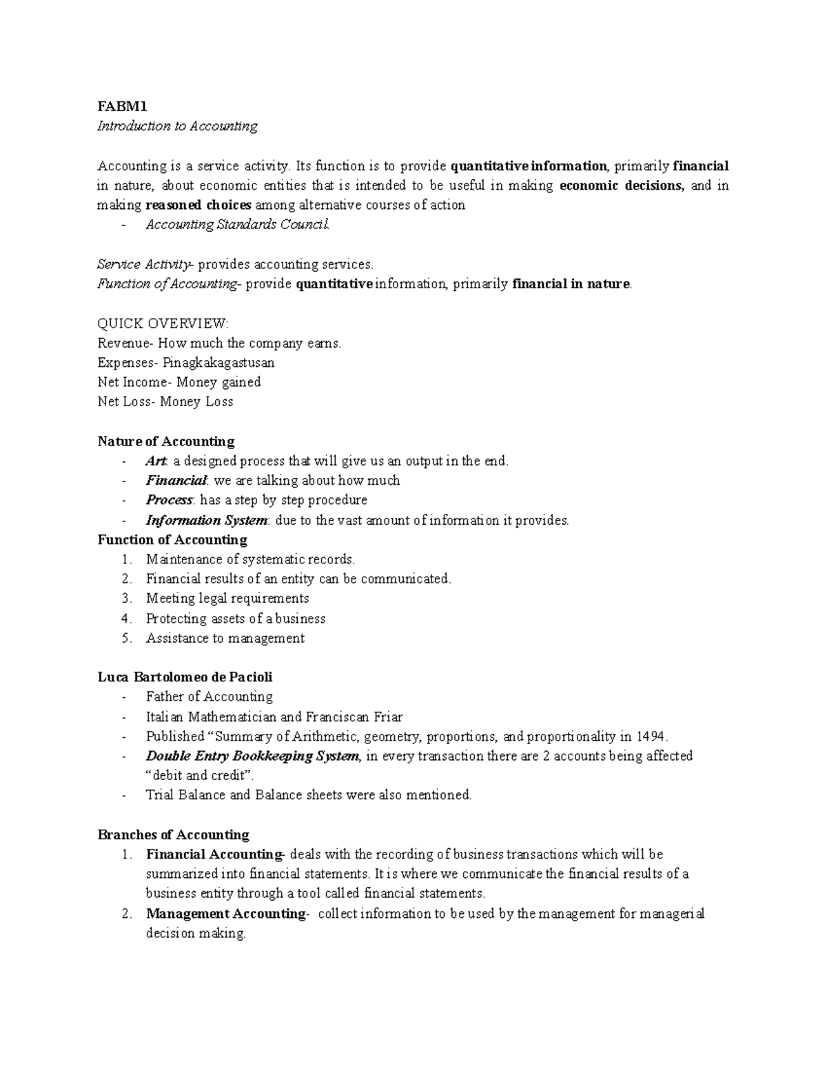FABM1 Fundamentals of Accounting: Key Concepts and Functions - Studocu
