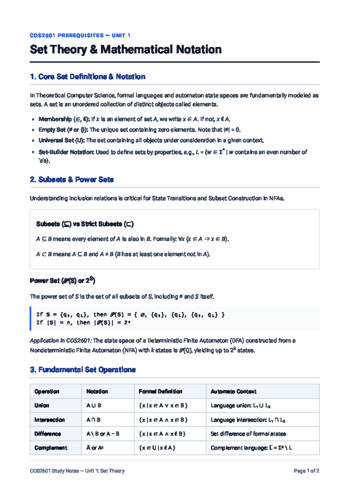 COS2601 Unit 1: Set Theory & Mathematical Notation Notes - Studocu