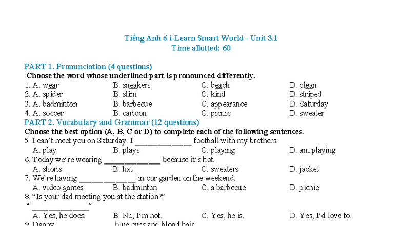 Tiếng Anh 6 Smart World Unit 3 - Pronunciation, Vocabulary & Listening ...