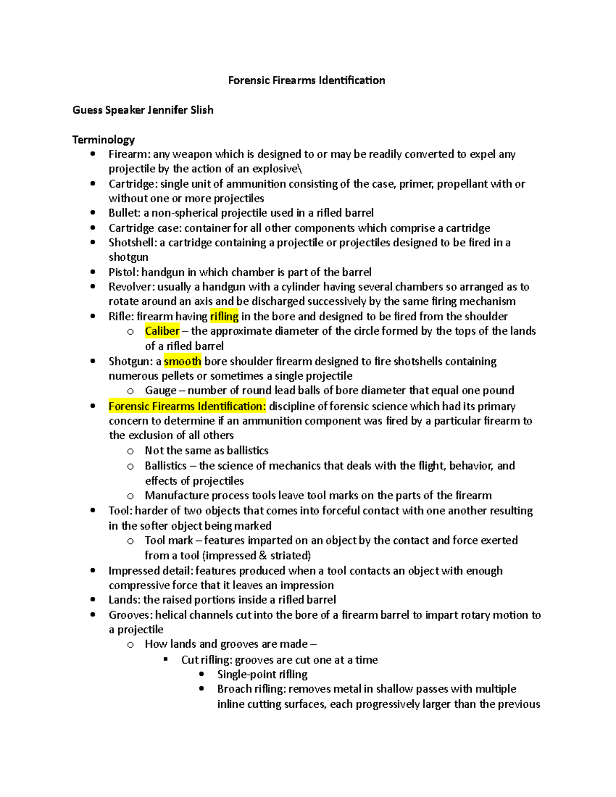 Forensic Firearms Identification: Lecture Notes by Jennifer Slish - Studocu