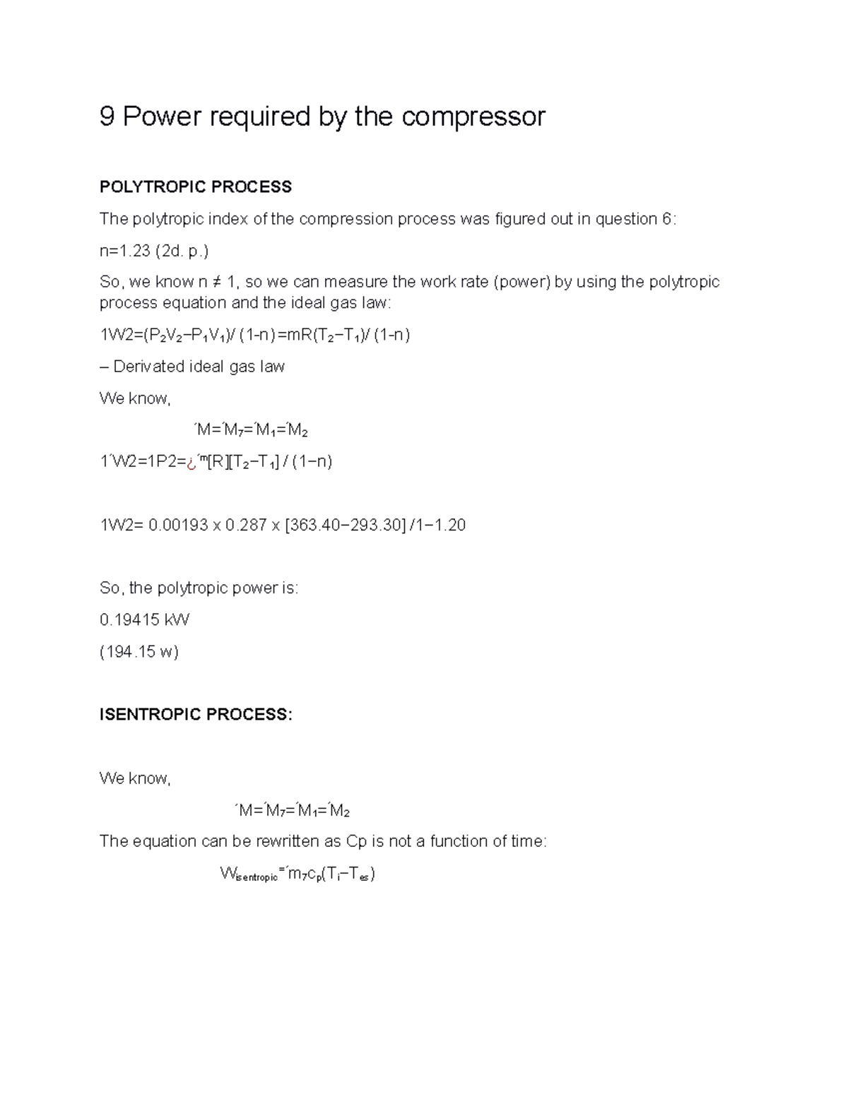 Practical lab report - 9 Power required by the compressor POLYTROPIC ...
