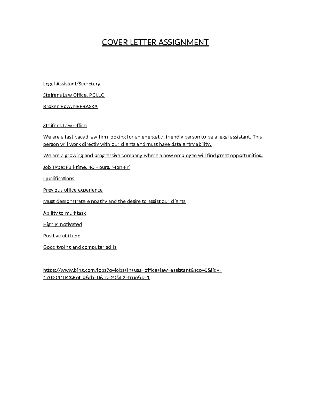 Cover Letter Assignment - COVER LETTER ASSIGNMENT Legal Assistant ...