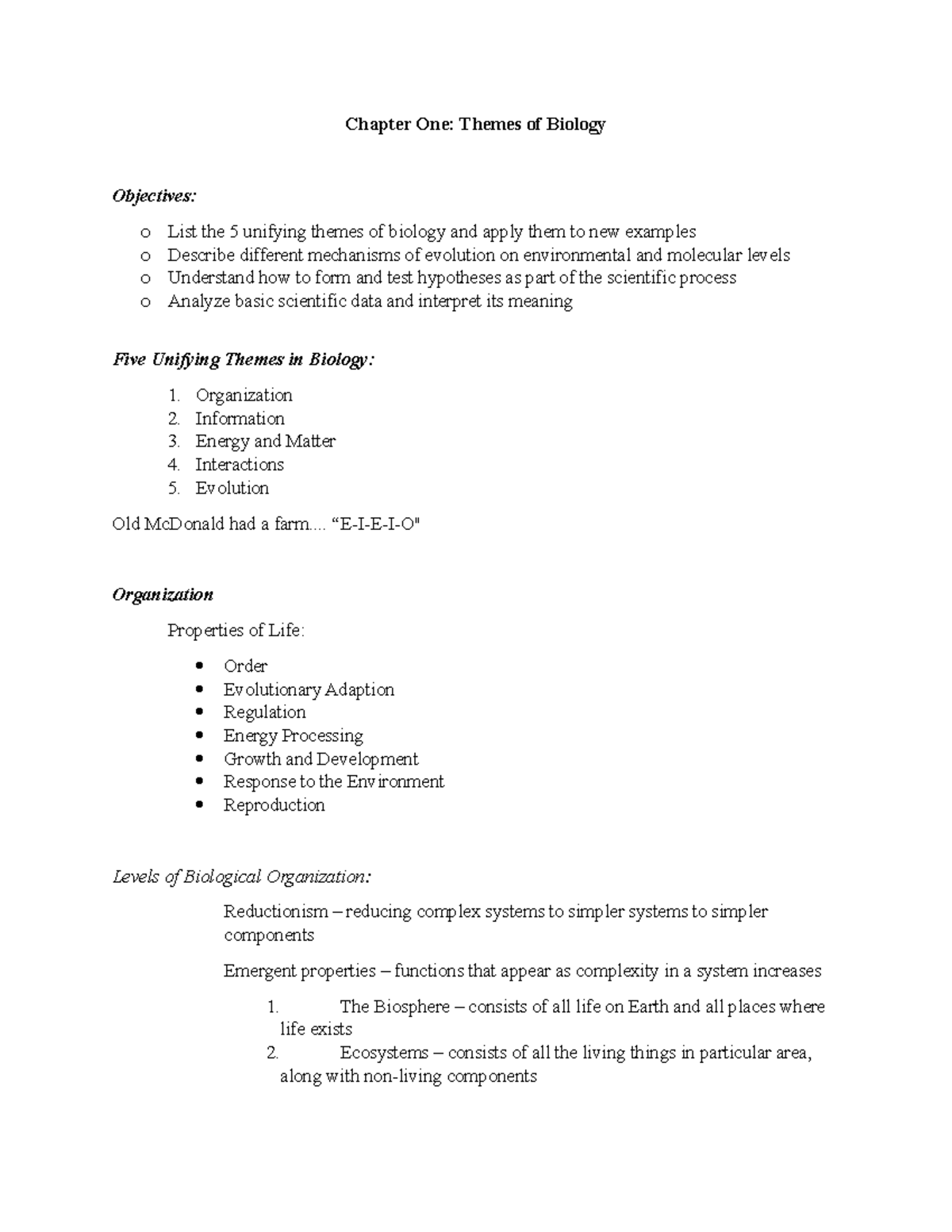 Chapter 1 Themes of Biology - Chapter One: Themes of Biology Objectives ...