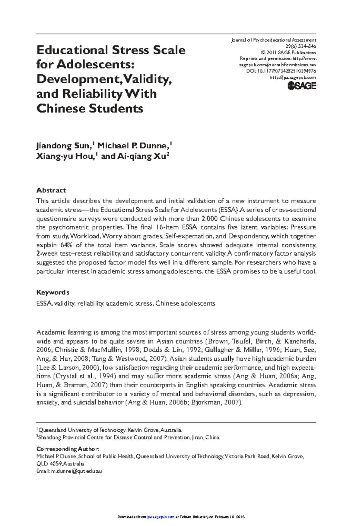 Development and Validation of the Educational Stress Scale for ...