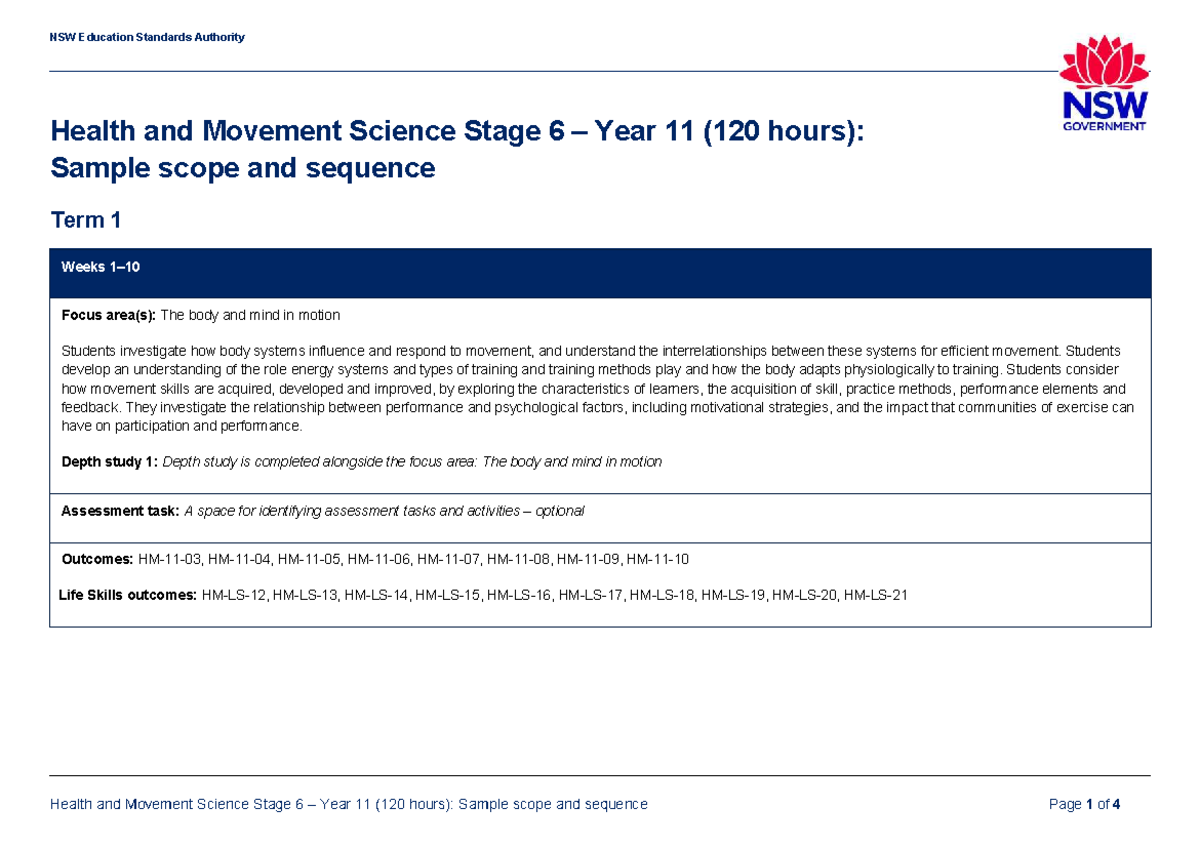 HMS Stage 6 Year 11 Health & Movement Science Scope & Sequence - Studocu