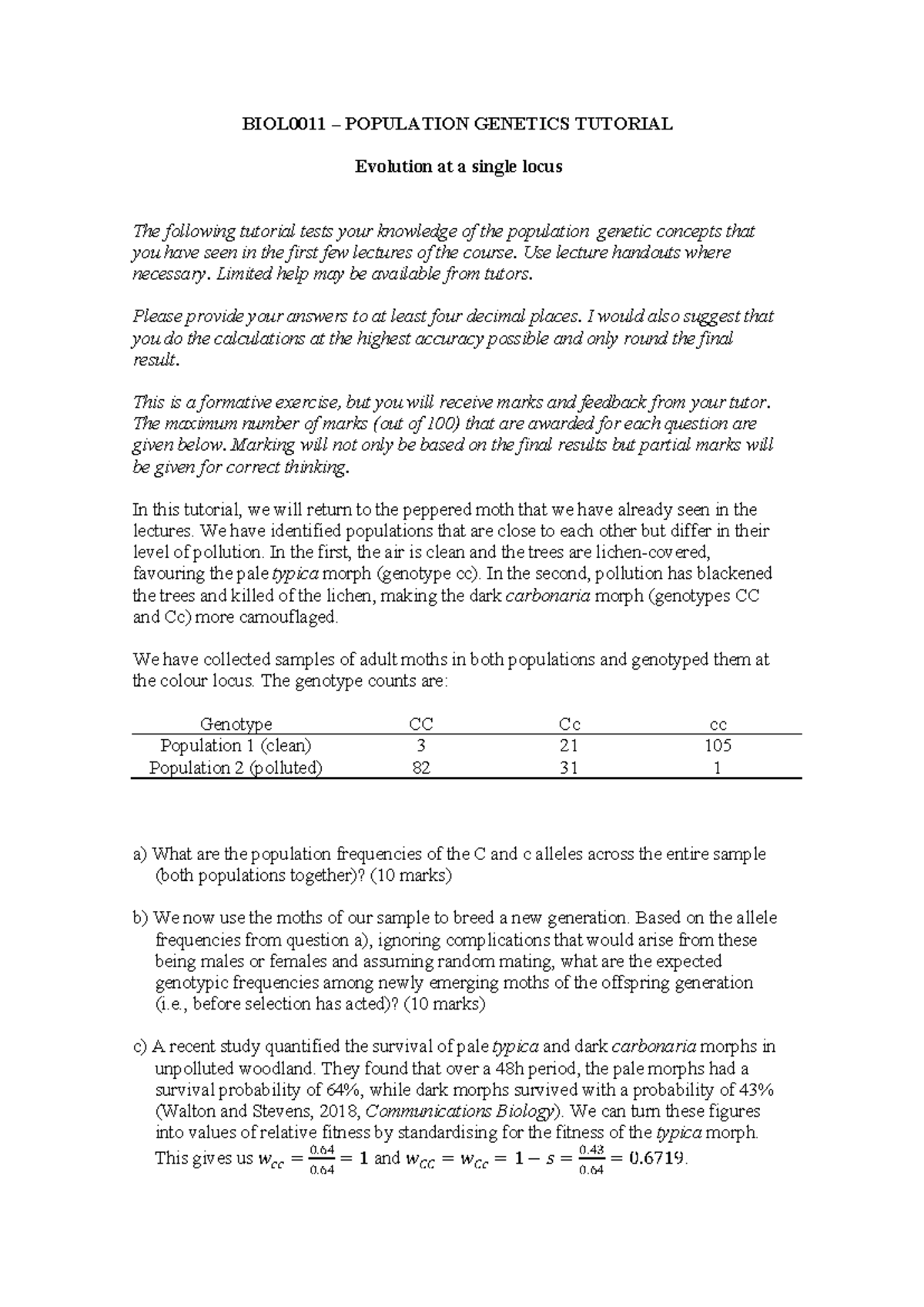 BIOL0011 POPULATION GENETICS TUTORIAL: Moth Survival Analysis - Studocu
