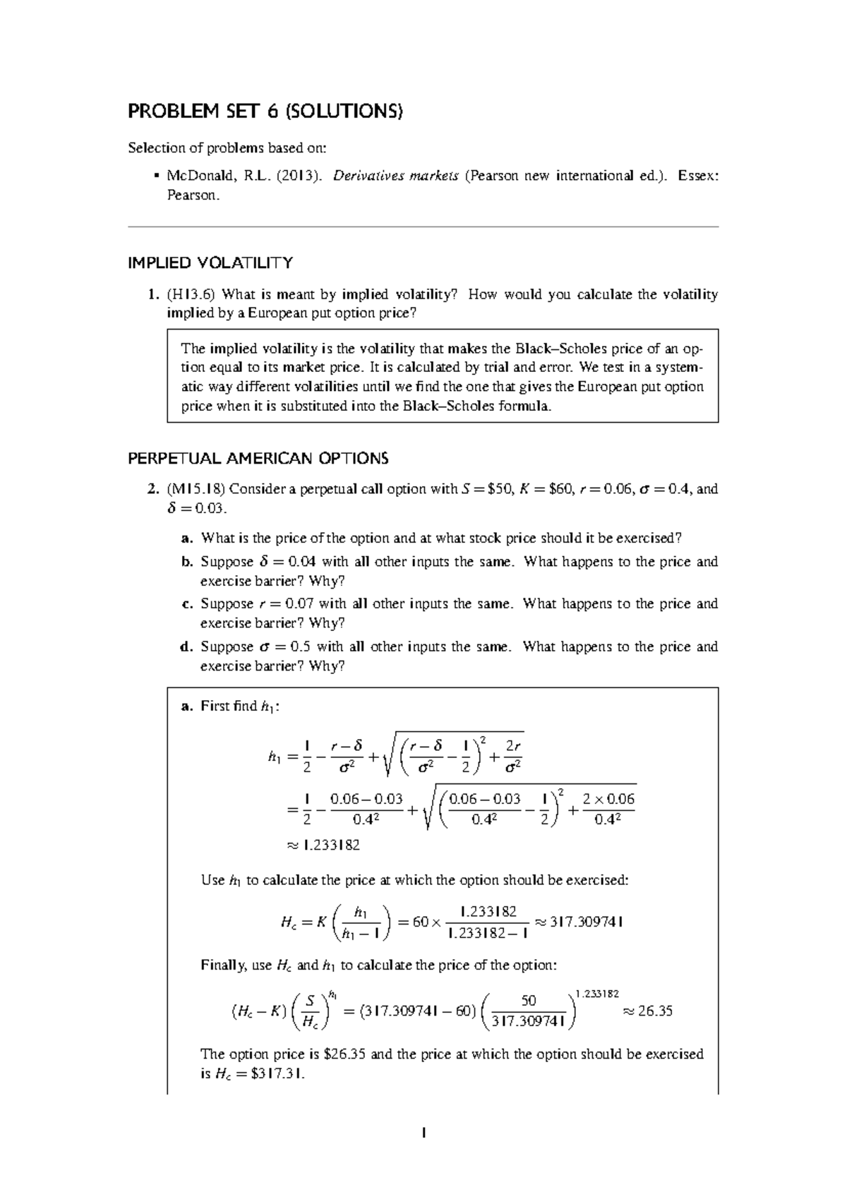 MATH 300 - Problem Set 6 Solutions on Options and Volatility - Studeersnel