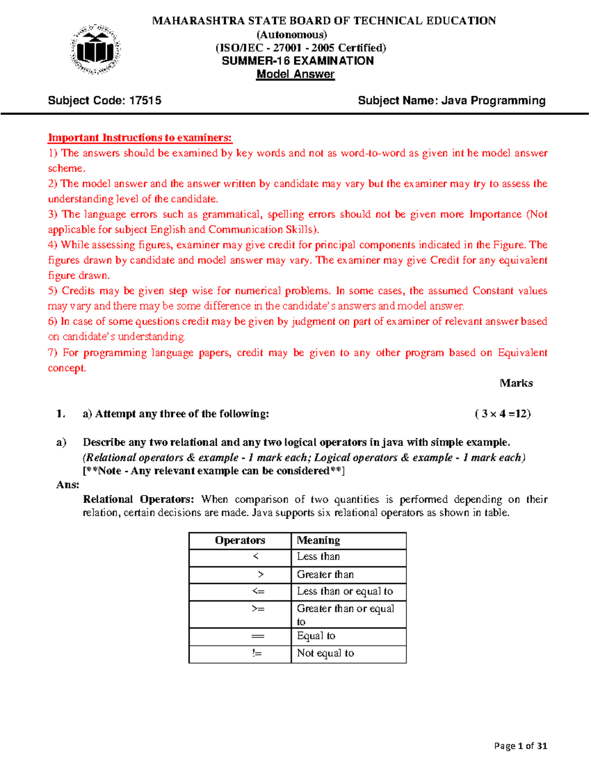 17515 Summer-16 Model Answers for Java Programming Exam - Studocu