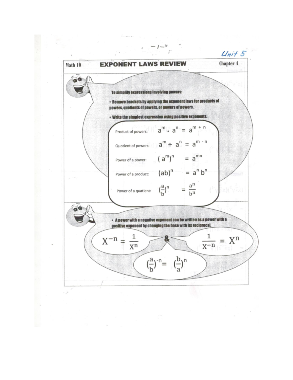 Math 10: Unit 5 Exponent Laws Review Handout - Studocu