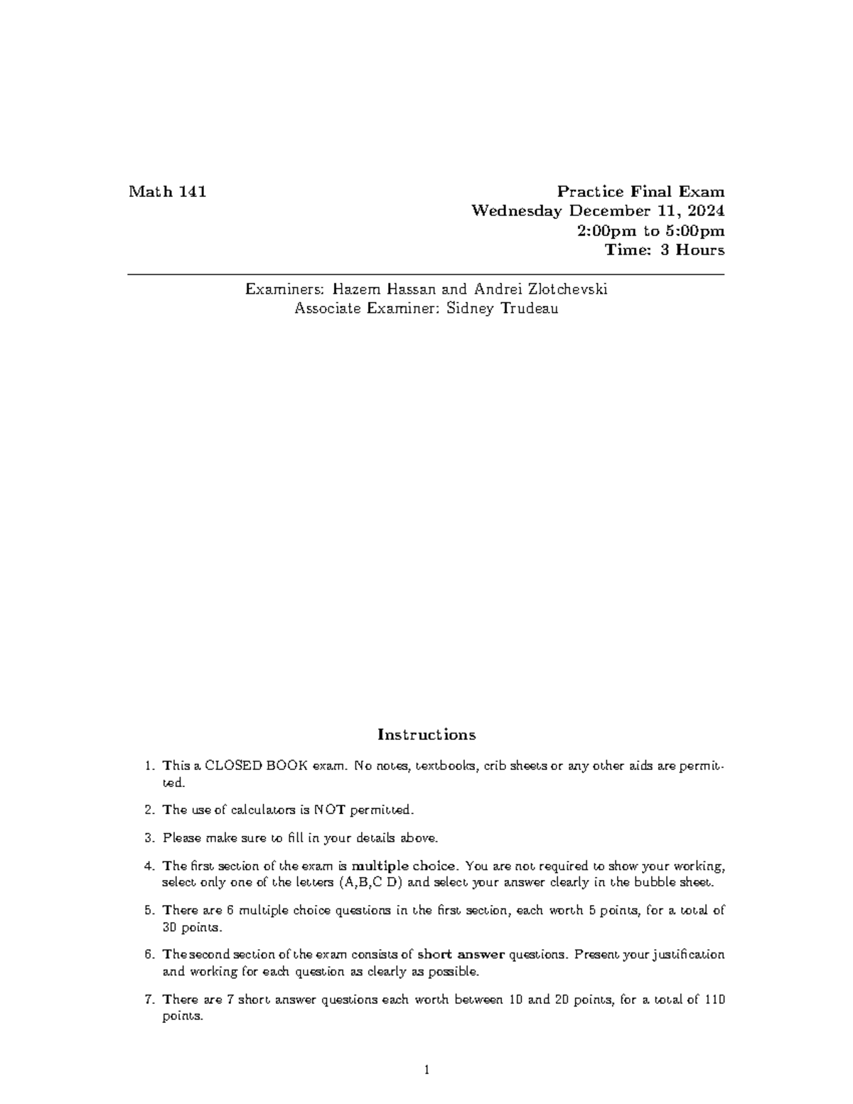 Math 141 Practice Final Exam - December 11, 2024 - Studocu