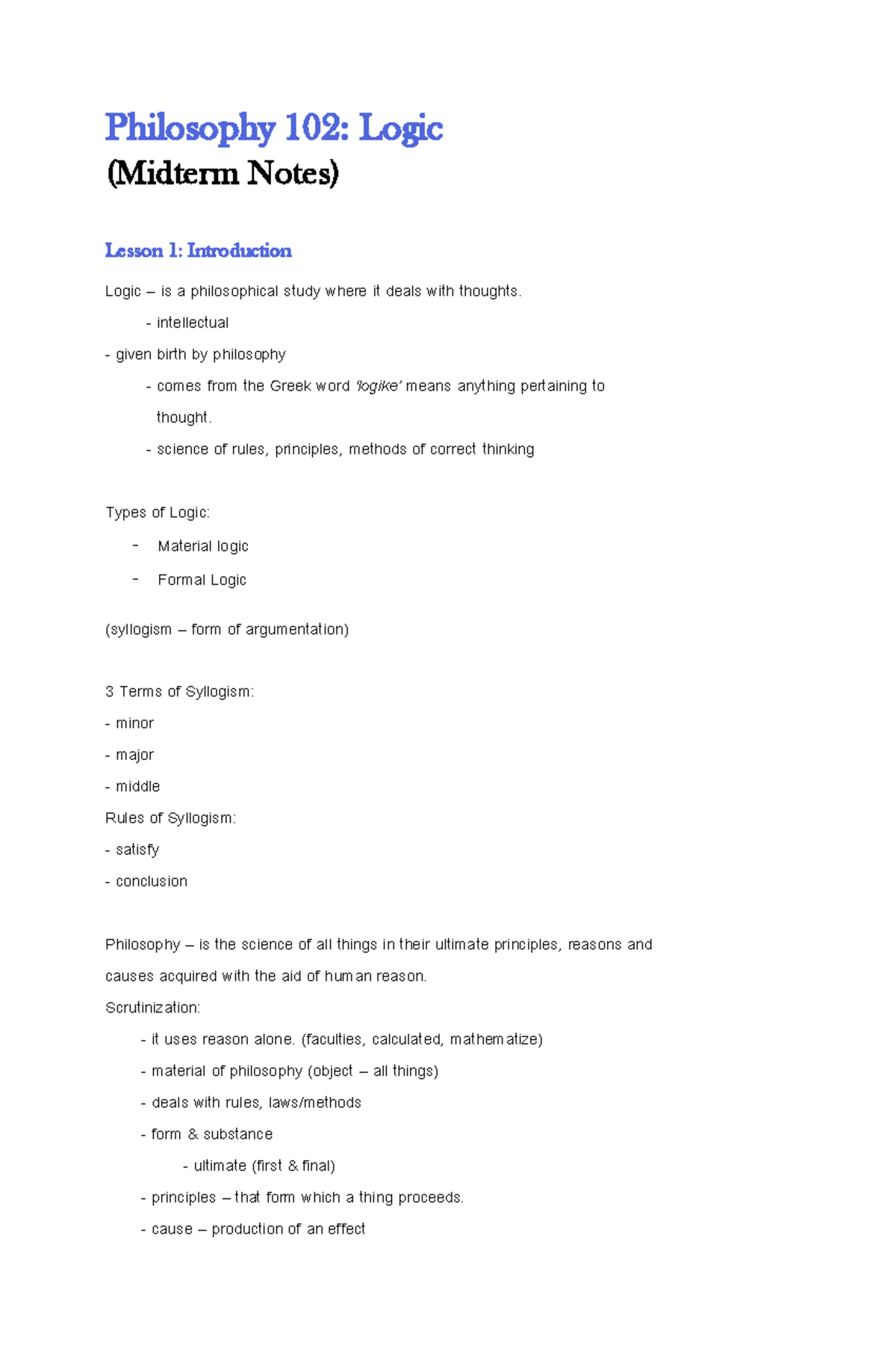 Philosophy Reviewer - logic - Philosophy 10 2: Logic (Midterm Notes ...