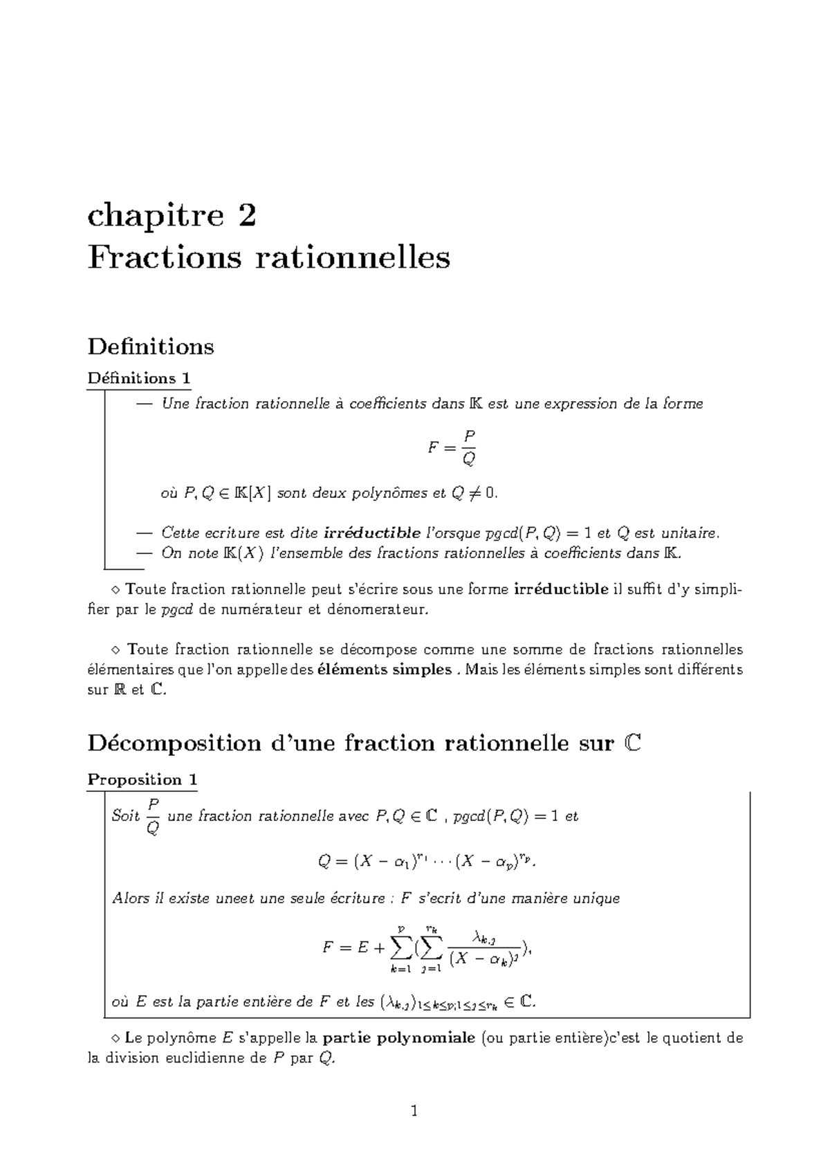 Chapitre 2 : Fractions Rationnelles et Décompositions (MATH 101) - Studocu