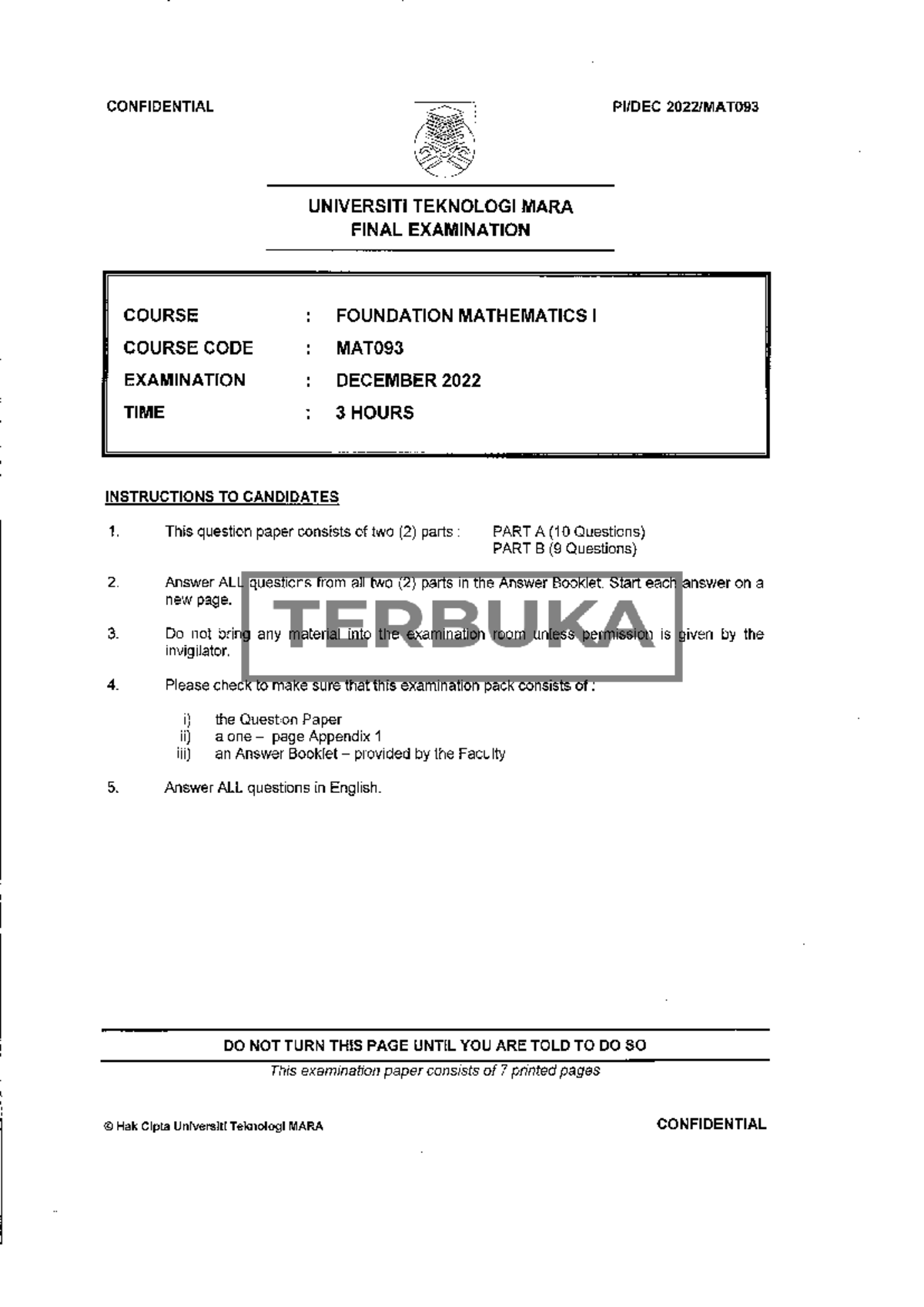 MAT093 Final Exam Sem 1 - Foundation Mathematics 1 (Dec 2022) - Studocu