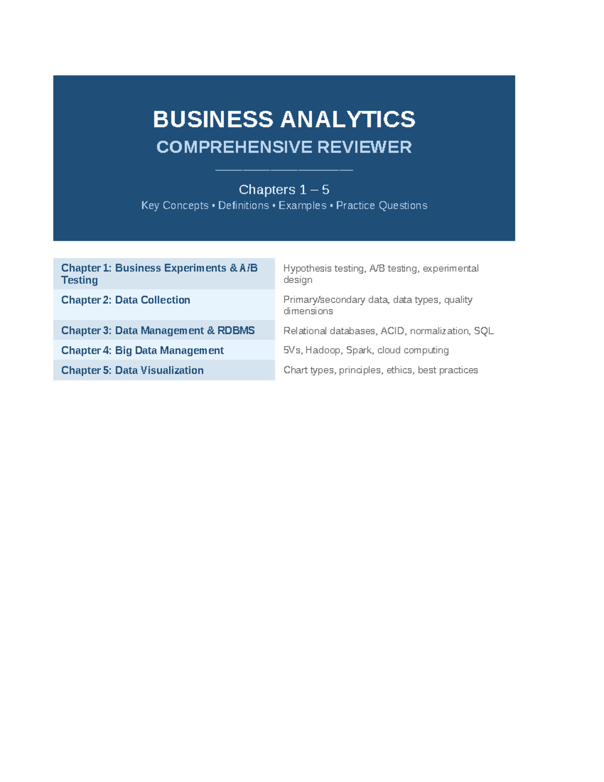 BUSINESS ANALYTICS REVIEWER (BA 101) Chapters 1-5 Key Concepts ...