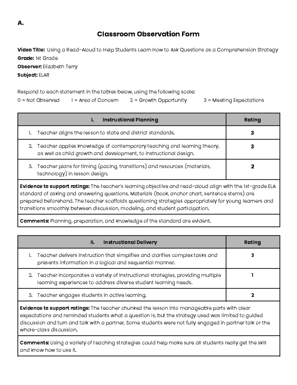 Classroom Observation Report: ELAR Strategies for 1st Grade (ANM2 Task ...