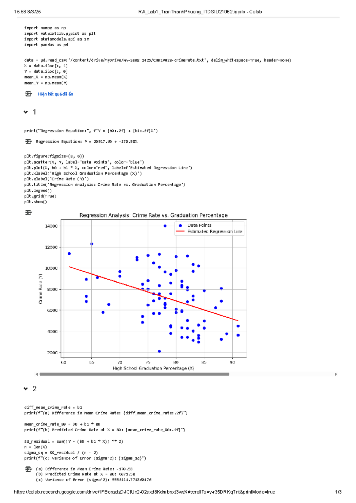 Regression Analysis Lab1 - import numpy as np import matplotlib as plt ...