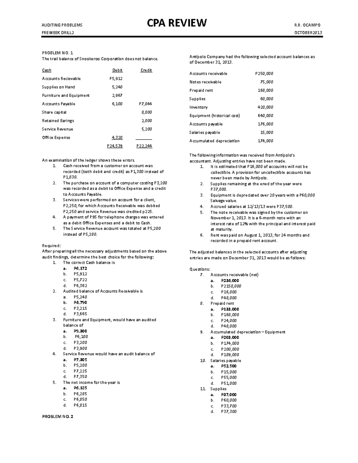 AUDITING PROBLEMS CPA REVIEW: ERROR ADJUSTMENTS AND SOLUTIONS - Studocu