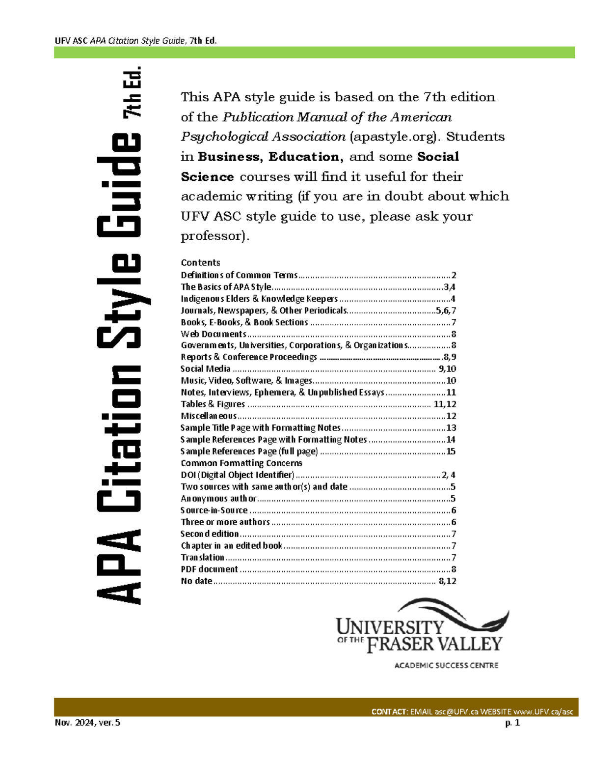 UFV ASC APA Citation Style Guide, 7th Ed. - Comprehensive Overview ...