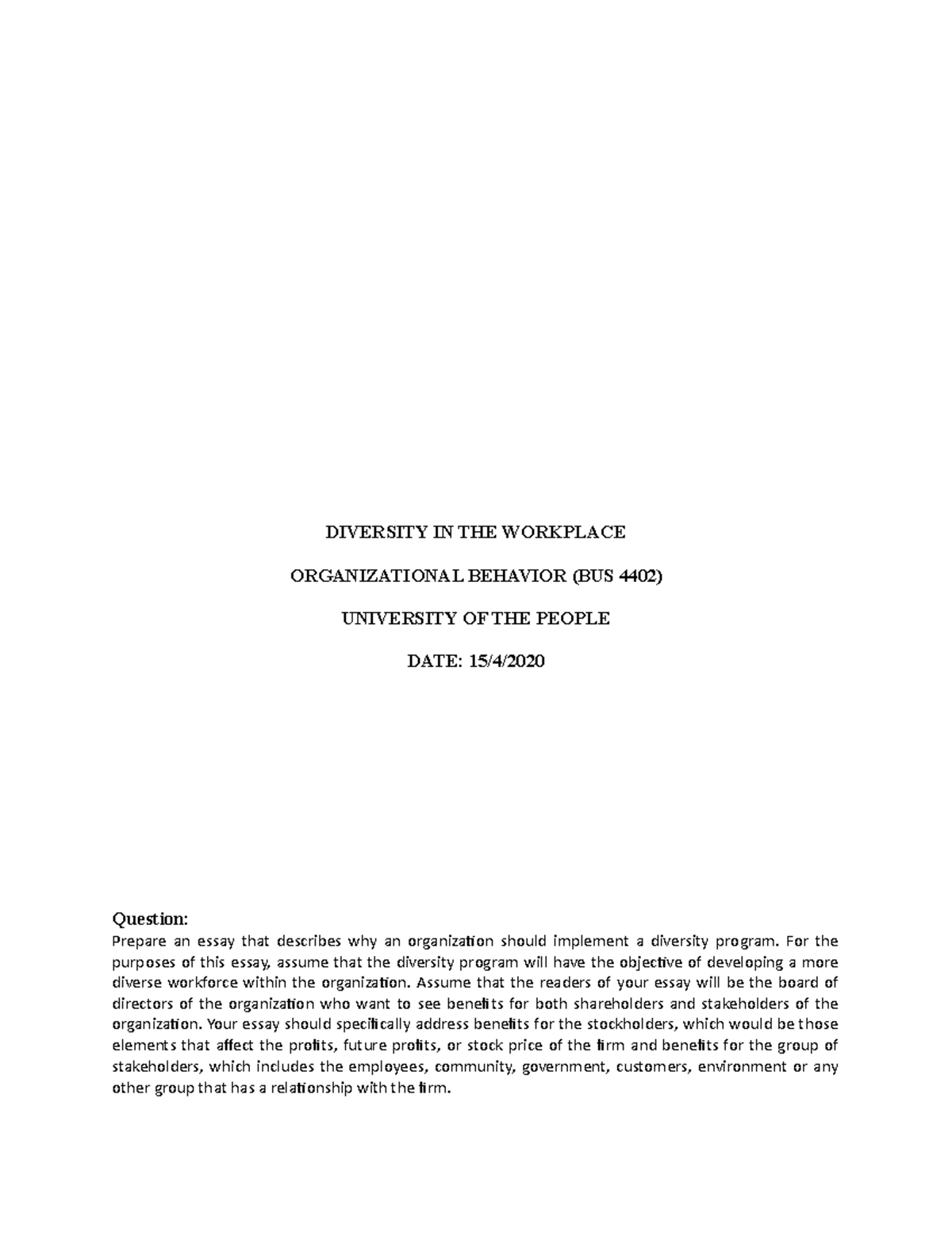 Written Assignment Unit 1 - ORGANIZATIONAL BEHAVIOR (BUS 4402 ...